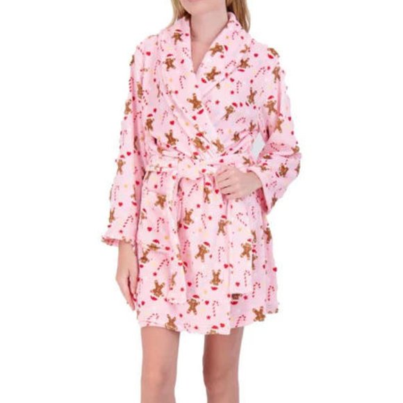 NYC UNDERGROUND HOLIDAY PRINT BELTED ROBE - O/S - Pink Gingerbread - Picture 1 of 6